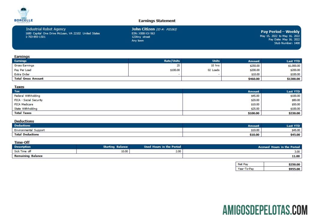 Recibo de pagamento da Industrial Robot Company em formatos Word e PDF exemplo